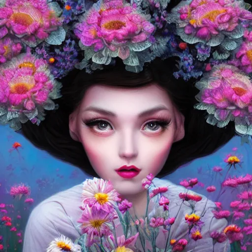 Prompt: an intelligent young women looking at the camera, she has a beautiful unconventional face, she is surrounded by an explosion of flowers, elegant, highly detailed, digital painting, artstation, concept art, pop, smooth, sharp focus, illustration, art by mark ryden and gaston bussiere 3 d 8 k ultra detailed