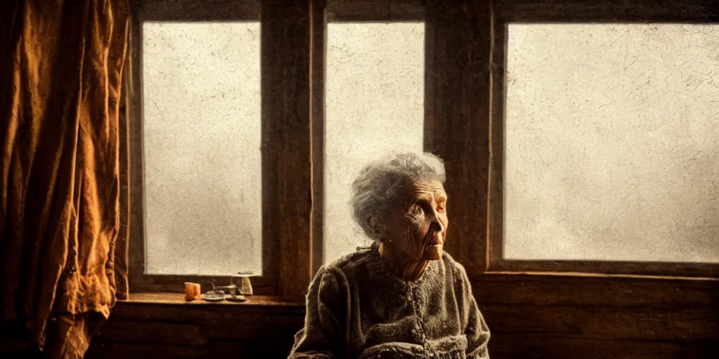 Image similar to portrait bust of old woman sitting at table, looking outside, tired expression, faded color film, russian cinema, tarkovsky, kodachrome, inside old cabin, next to window, heavy forest outside, long brown hair, old clothing, heavy fog, brown color palette, sunset, low light, hudson river school, 4 k, dramatic lighting, greg rutkowski