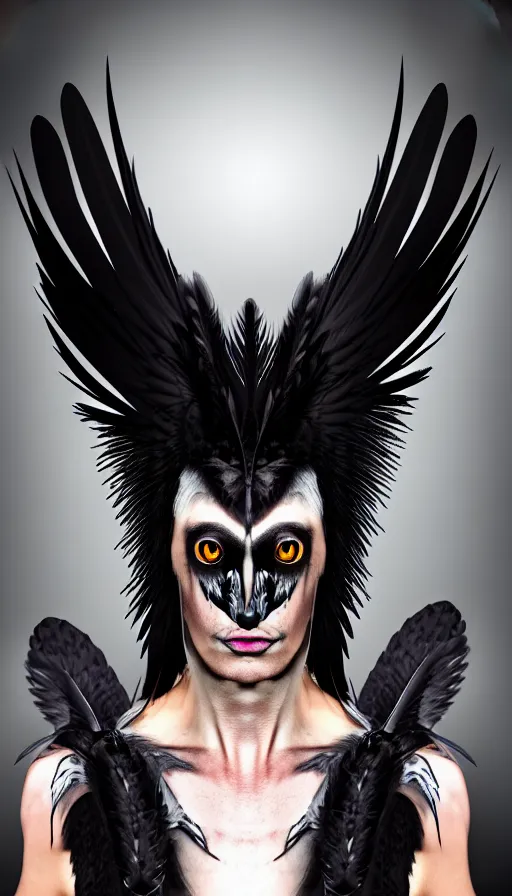 Prompt: epic professional digital portrait art of a human - crow hybrid creature, human eyes, crow head, crow beak, feathery skin, feathered humanoid torso