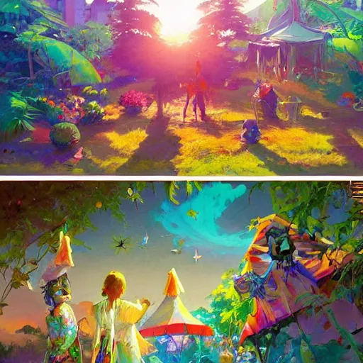 Prompt: hippie bohemian encampment with tie - dye tents and a garden. cyberpunk art by jesper ejsing, by rhads and makoto shinkai and lois van baarle and ilya kuvshinov and rossdraws, cgsociety, panfuturism, nature utopia, anime aesthetic