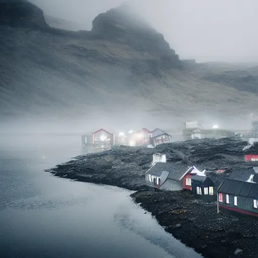 Image similar to icelandic fishing village with rustic architecture. cyberpunk style. apocalyptic style. photo. photorealistic. nebulous. fog.