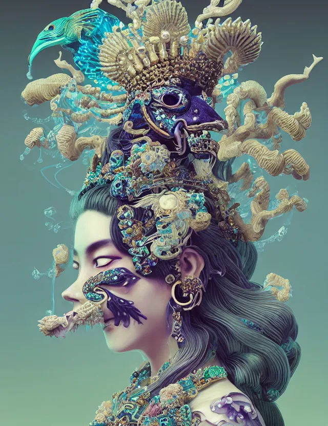 Image similar to 3 d goddess close - up portrait with crown, ram skull. beautiful intricately detailed japanese crow kitsune mask and clasical japanese kimono. betta fish, jellyfish phoenix, bioluminescent, plasma, ice, water, wind, creature, artwork by tooth wu and wlop and beeple and greg rutkowski