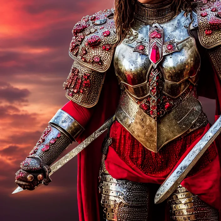Prompt: full body photo of a beautiful strong warrior queen wearing ruby encrusted armour, highly detailed, 4 k, hdr, smooth, sharp focus, high resolution, award - winning photo