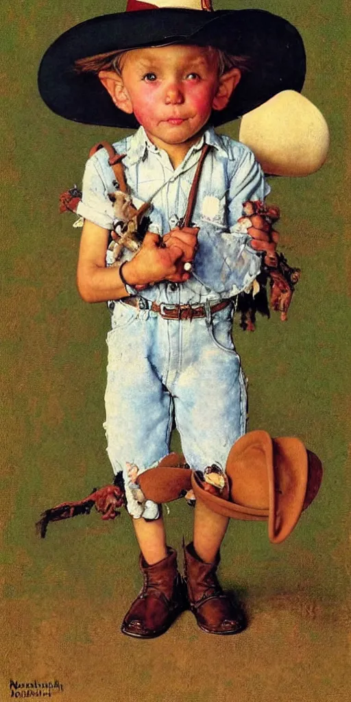 Prompt: “ ( ( ( ( ( tiny cowboy wearing a large hat ) ) ) ) ) by norman rockwell!!!!!!!!!!!!!!!!!!!!! ”