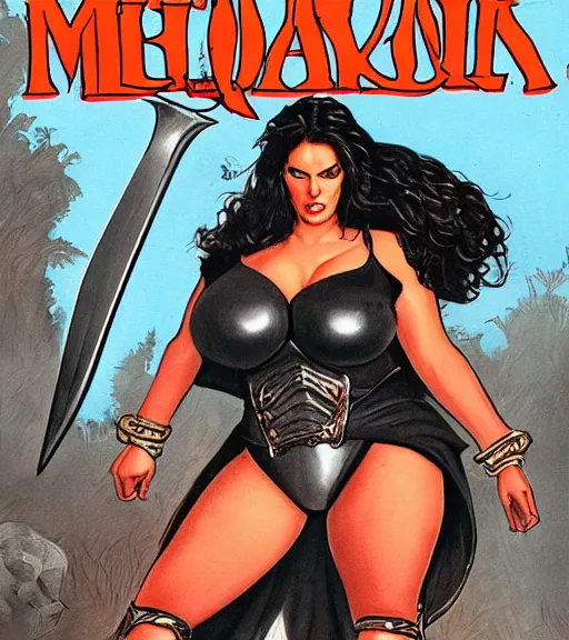 Image similar to 1 9 8 0 s fantasy novel book cover, bbw plus size amazonian angelina jolie in extremely tight bikini armor wielding a cartoonishly large sword, exaggerated body features, dark and smoky background, low quality print