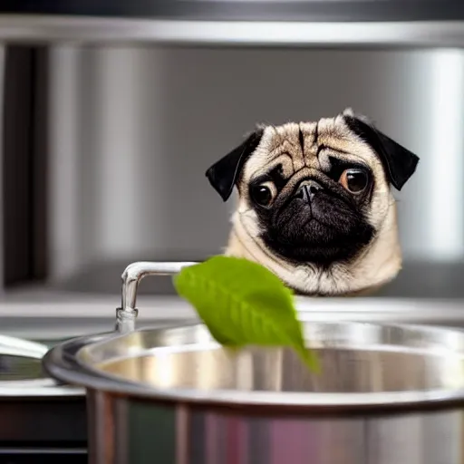 Image similar to An adorable pug sitting in a pot of water atop a stove, high resolution photograph