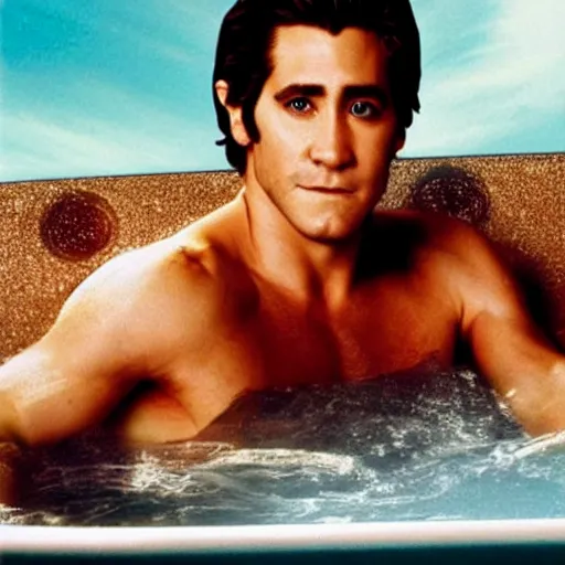 Image similar to a movie poster of Jake Gyllenhaal as patrick Swayze sitting in a hot tub in the movie Road House