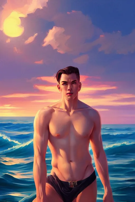 Image similar to attractive man at the sea, sunset, painting by ross tran, j. c. leyendecker, tom of finland, trending on artstation