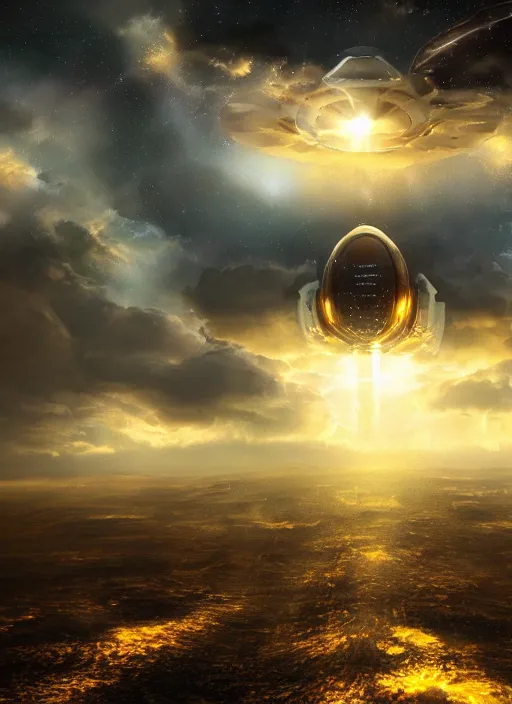 Prompt: large alien spaceship souring through clouds, detailed, high quality, ultra detail, top light, resources background, gold, sunny, puffy clouds, cinematic, concept art