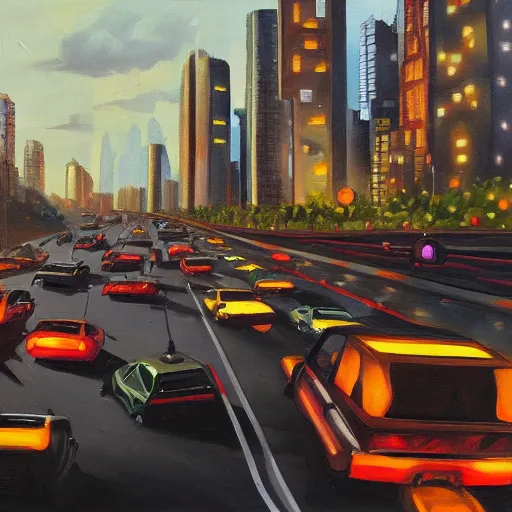 Image similar to oil painting, a traffic jam with some very angry drivers on a futuristic city