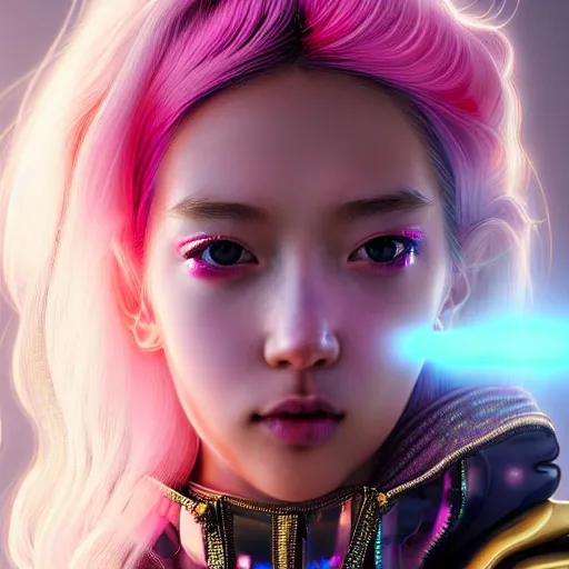 Image similar to hyperdetailed close portrait of a stunningly beautiful pink cyberpunk cute european girl made of metals and shiny iridescent gems, dark rainbow nimbus, gold necklace, puffer jacket, inspired by ross tran and masamune shirow and kuvshinov, intricate, photorealistic, octane render, rtx, hdr, unreal engine, dnd digital art by artgerm