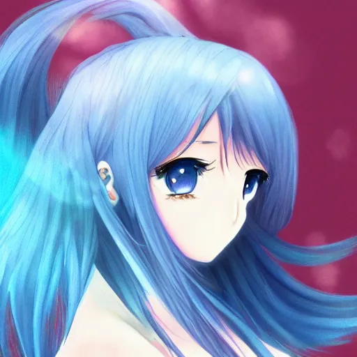 Prompt: an anime girl with blue hair, trending on pixiv, detailed, anime, pastel colors, dramatic lighting