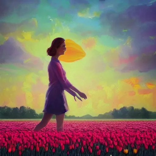 Prompt: large tulip head, girl walking in a flower field, surreal photography, sunrise dramatic light, impressionist painting, colorful clouds, digital painting, artstation, simon stalenhag, flower face