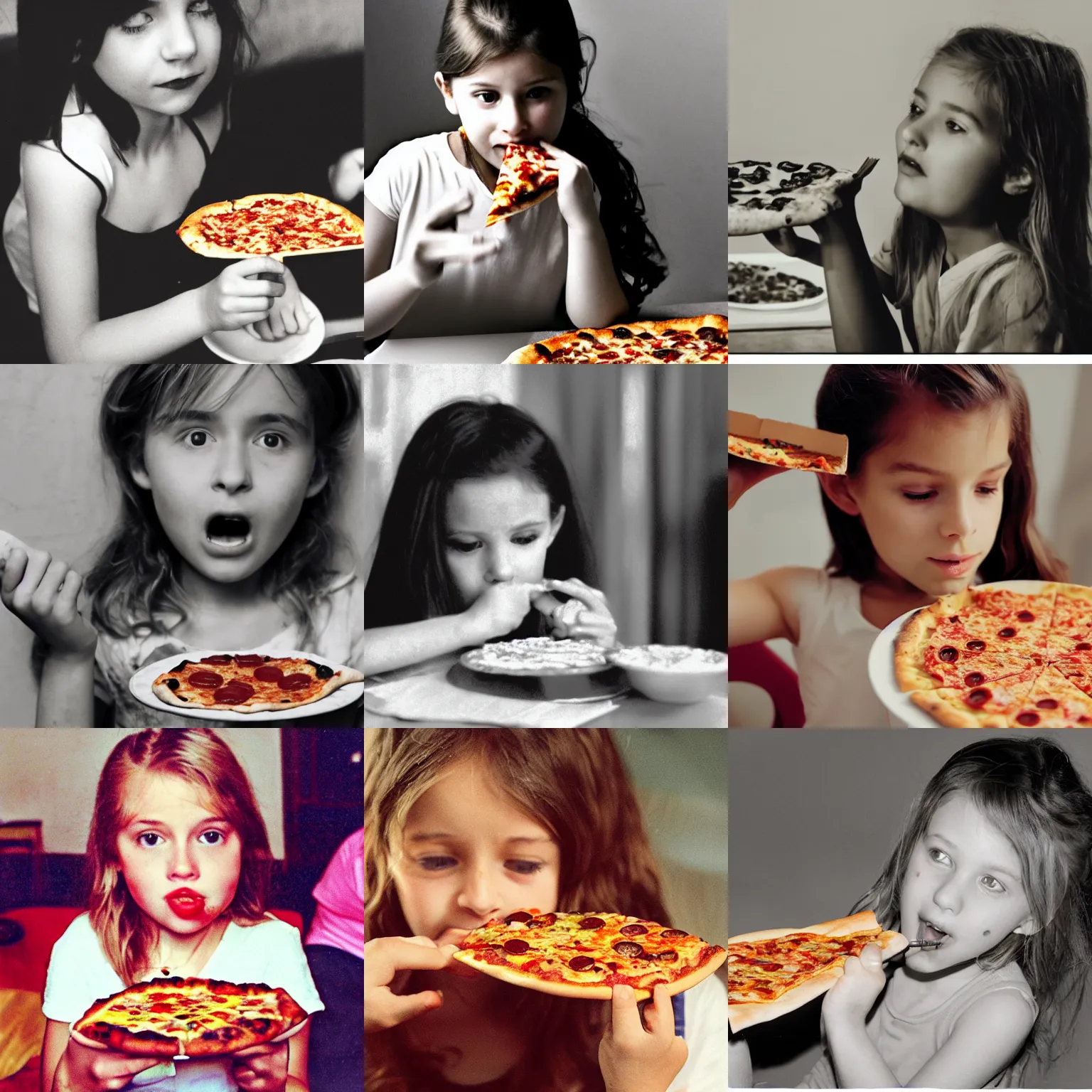 Prompt: a young girl eating a very tasty looking slice of pizza, 0 0 s movie, low quality video, sepia, jpeg artifacts, low resolution