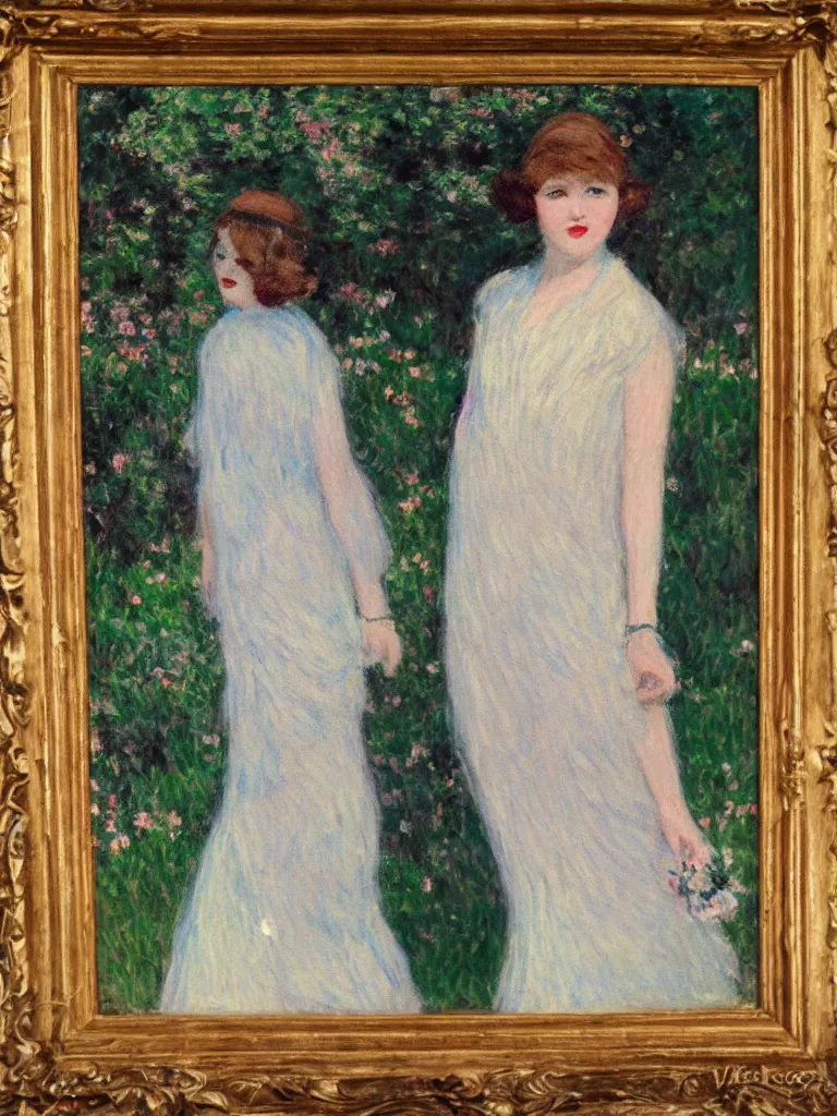 Image similar to portrait of < zelda fitzgerald > as a beautiful young lady wearing 1 9 2 0 s fashion, blurry face, brown hair, slim, fair, severe out of focus, depth of field, pleinairism, in the sun, backlit, closeup, oil on canvas, atr by monet, in the style of le promenade, smooth, impressionnisme, 8 k