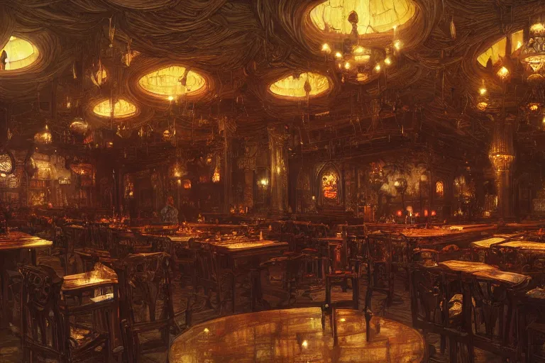 Prompt: busy fantasy tavern interior, intricate, elegant, highly detailed, john howe, john park, sparth, ruan jia, jeffrey catherine jones