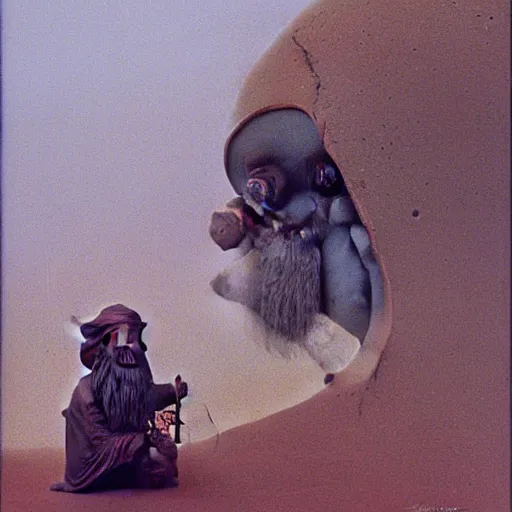 Image similar to Zdzisław Beksiński painting of a gnome tinkerer