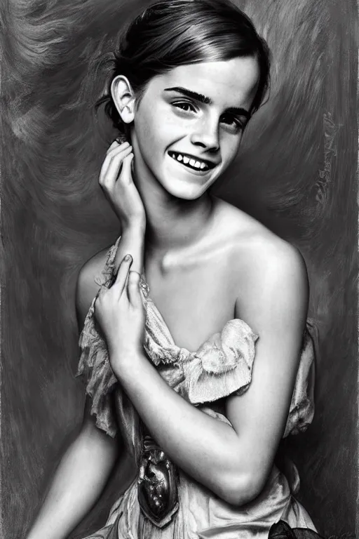 Image similar to emma watson smiling looking up detailed portrait painting by gaston bussiere craig mullins j. c. leyendecker photograph by richard avedon peter lindbergh