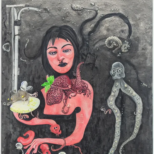 Prompt: a portrait in a dark cafe, a woman holding an octopus, streetlamps, wet, puddles, wild berries, rats, ikebana, neo - expressionism, surrealism, acrylic and spray paint and oilstick on canvas