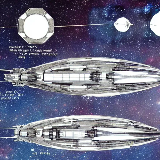 Prompt: technical drawings for a faster than light space ship, detailed