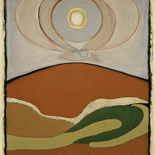 Image similar to doom by hilma af klint sepia. a mixed mediart of a landscape. it is a stylized & colorful view of an idyllic, dreamlike world with rolling hills, peaceful animals, & a flowing river. the scene looks like it could be from another planet, or perhaps a fairy tale.