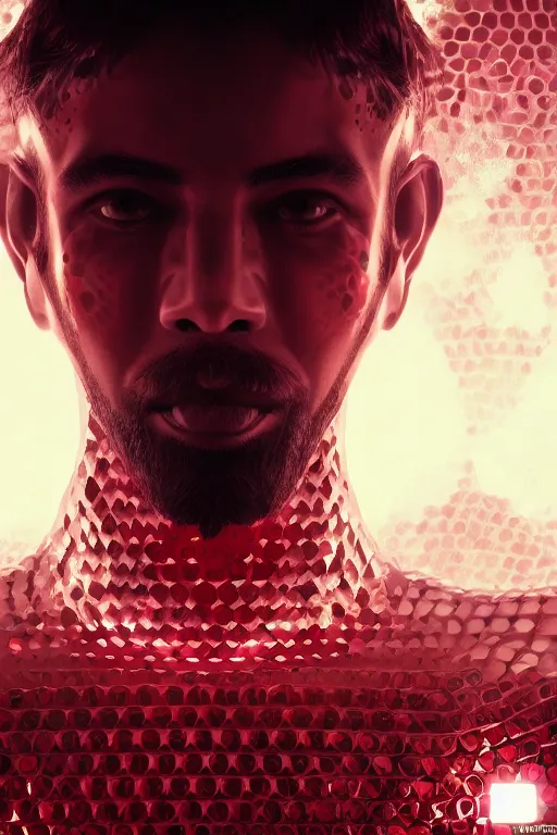 Prompt: fantasy portrait of a man, red intricate hexagons, glow, cinematic, abstract, wlop, artgerm, octane render