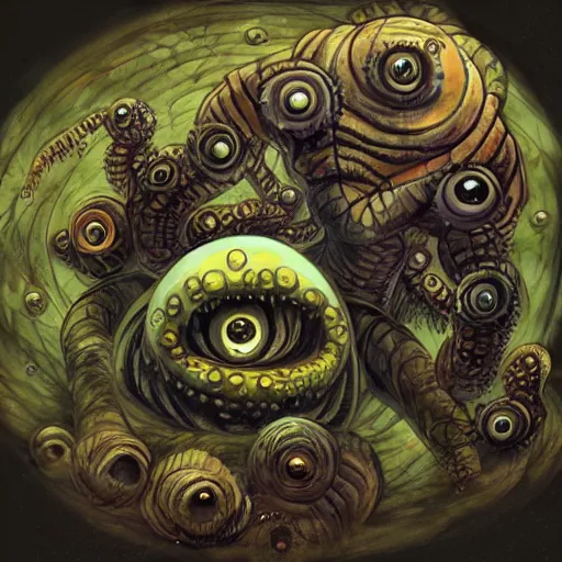 Prompt: a spherical eldritch horror with multiple eyestalks and a large central eye floating in the air above a fantasy medieval city in the style of a beholder from dungeons and dragons