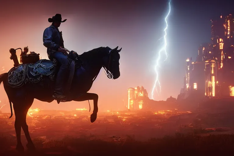 Image similar to photo from shoulder of a led cowboy, riding a led steampunk horse, carrying a big gun, on a futuristic city, cinematic lightning, ray tracing, unreal engine 5, photorealistic, 8 k, uhd, 4 k, red dead redemption 2 game concept, extremely detailed, beautiful, elegant, intricate, foggy, in - game footage
