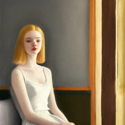 Prompt: Painting of Elle Fanning under gray clouds, long blonde hair, delicate, pale milky white porcelain skin, by Edward Hopper. 8K. Extremely detailed.