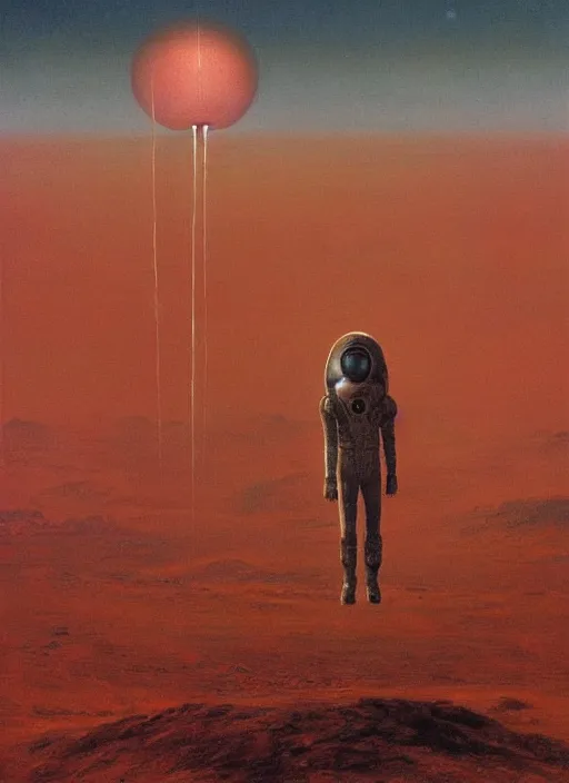 Image similar to A painting in a style of Beksinski featuring Elon Musk on mars. There is a group of rocket in the sky. Very detailed, symmetry