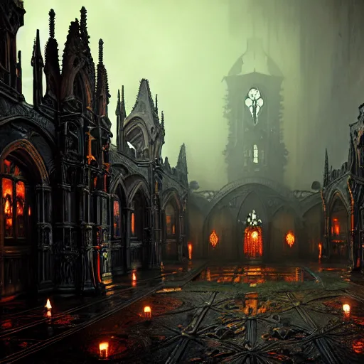 Image similar to steam necropolis, memento mori, gothic, neo - gothic, art nouveau, hyperdetailed copper patina medieval icon, stefan morrell, philippe druillet, ralph mcquarrie, concept art, steampunk, unreal engine, detailed intricate environment, octane render, moody atmospherics, volumetric lighting, ultrasharp, ominous, otherworldly