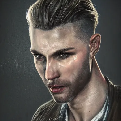 Prompt: portrait painting of a vampire police officer with pale skin short blond hair and a patchy beard, ultra realistic, concept art, intricate details, eerie, highly detailed, photorealistic, octane render, 8 k, unreal engine. art by artgerm and greg rutkowski