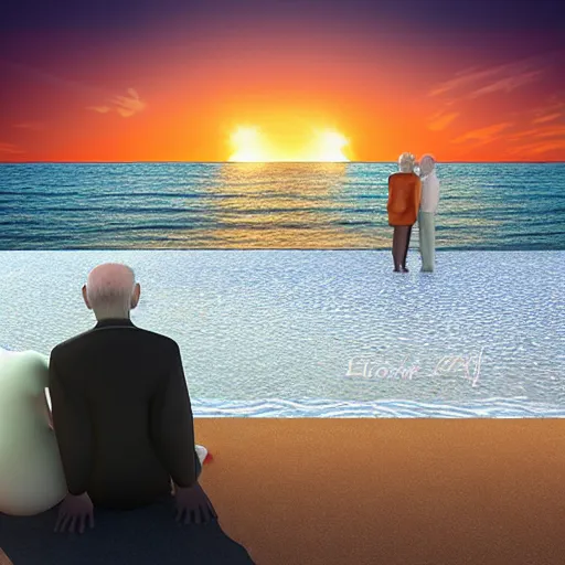 Prompt: an old man and old woman celebrate their anniversary and life watching the sunrise over the sea, digital art, 4 k,