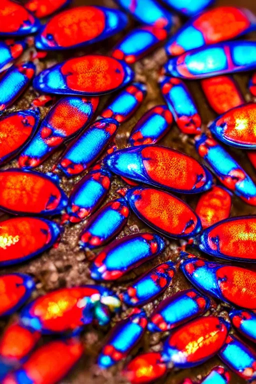 Image similar to high quality macro photo iridescent Red spotted jewel beetles! gorgeous highly detailed david ligare elson peter cinematic blue lighting high quality low angle hd 8k sharp shallow depth of field
