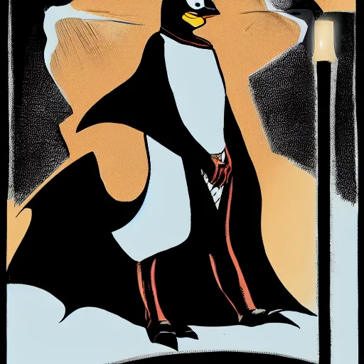 Prompt: queen elizabeth as the penguin in the style of frank miller, in the style of batman year one, dark, color, realistic