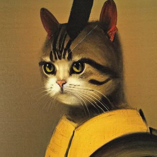 Prompt: a cat-samurai wearing Japanese armor and helm, oil on canvas, by Rembrandt
