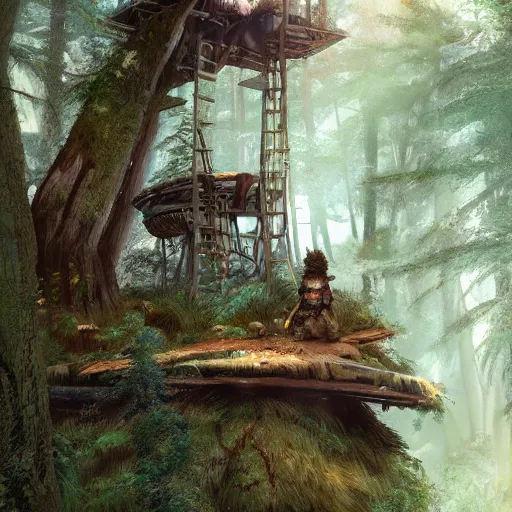 Image similar to adventurous ewok exploring the connected treehouses on top the tall wooded forest, artstation, colorful