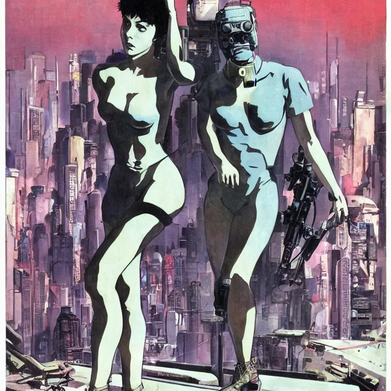 Prompt: scifi Ghost in the Shell by Robert McGinnis, pulp comic style, circa 1958, photorealism