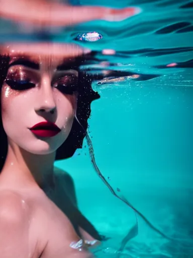 Prompt: close portrait of beautiful, female, latina, floating under water, wearing robe, model, symmetrical!!, makeup, sephora, maybelline, cinematic, filmic, vsco, fantasy, photography, hipster, elegant, flim, dslr, full frame 3 5 mm, f 2