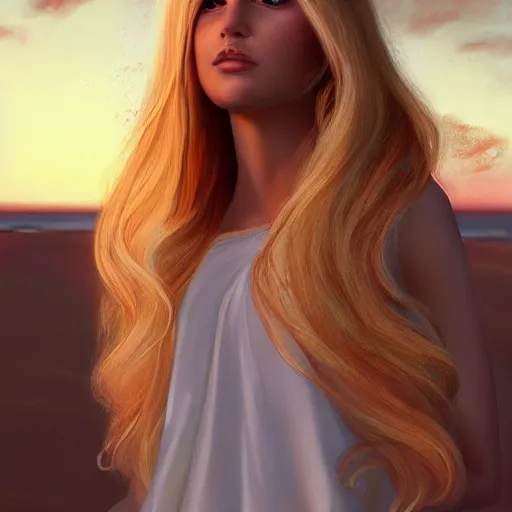 Prompt: woman with long blonde hair wearing white clothing standing by the beach at sunset, beautiful, 8k, highly detailed, realistic, artgerm, sakimichan, rutkowski, trending on artstation, perfect face, portrait, high contrast, golden light, dramatic lighting,