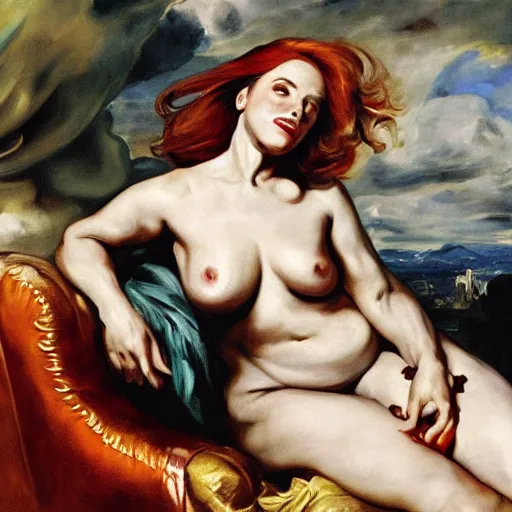 Image similar to dana scully sitting on a chaise lounge, auslese, by peter paul rubens and eugene delacroix and karol bak, hyperrealism, digital illustration, fauvist