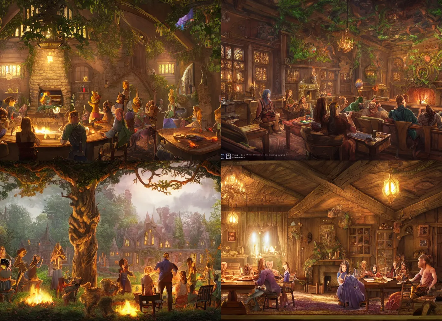 Prompt: an enchanted feywild mansion with people sitting at a long tabl, in front of a fireplace, dungeons and dragons, 4 k, highly detailed, vibrant colors, trending on cgsociety