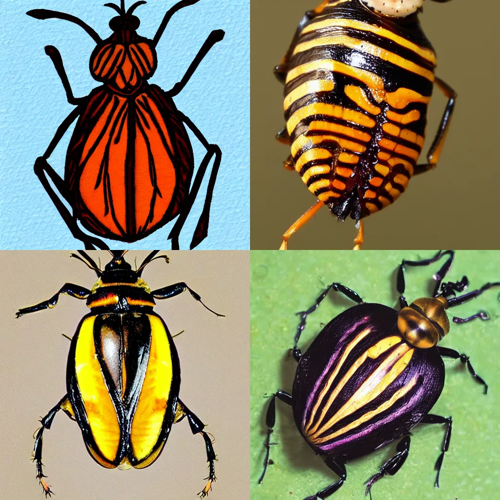 Prompt: Onion beetle with triangle wings dances marmalade