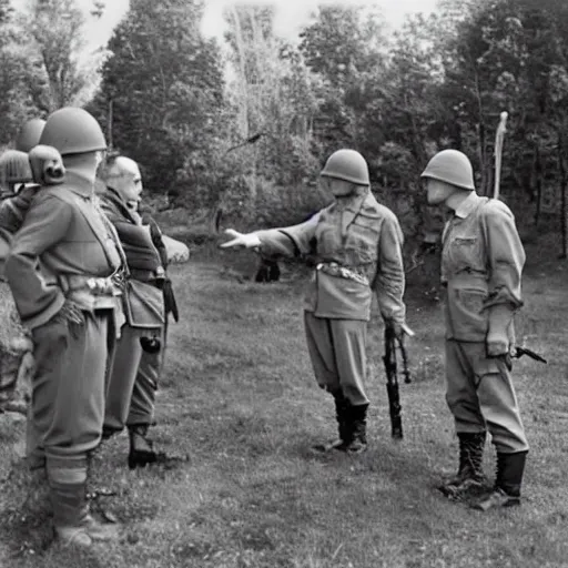 Prompt: dispicable me minions giving tactical advice to generals in world war 2, historical photograph