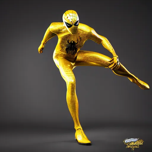 Image similar to gold spider - man suit with black web lining, cinematic, volumetric lighting, realistic, hyperdetailed, photorealistic, photograph