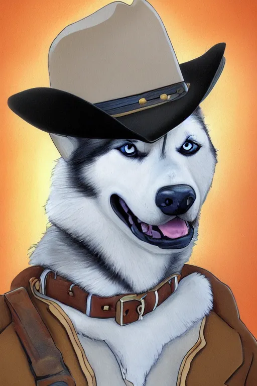 Image similar to a portrait painting of a husky in cowboy costume, wearing a cowboy hat, by studio ghibli, in the style of anime, [ western film ], humanoid, personify, anthropomorphic, trending on artstation