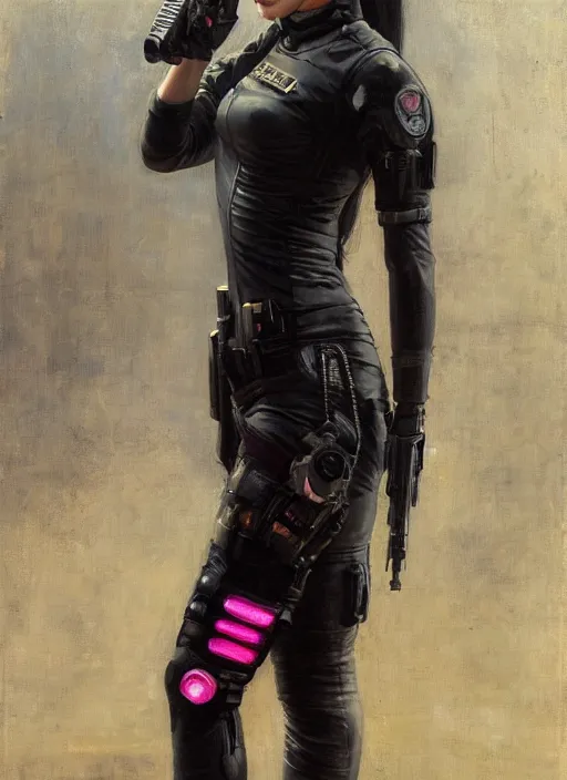 Image similar to Marie Cho. beautiful cyberpunk female USN marine wearing a military vest and a black and pink tactical catsuit (cyberpunk 2077, bladerunner 2049). gorgeous face. Iranian orientalist portrait by john william waterhouse and Edwin Longsden Long and Theodore Ralli and Nasreddine Dinet, oil on canvas. Cinematic, hyper realism, realistic proportions, dramatic lighting, high detail 4k