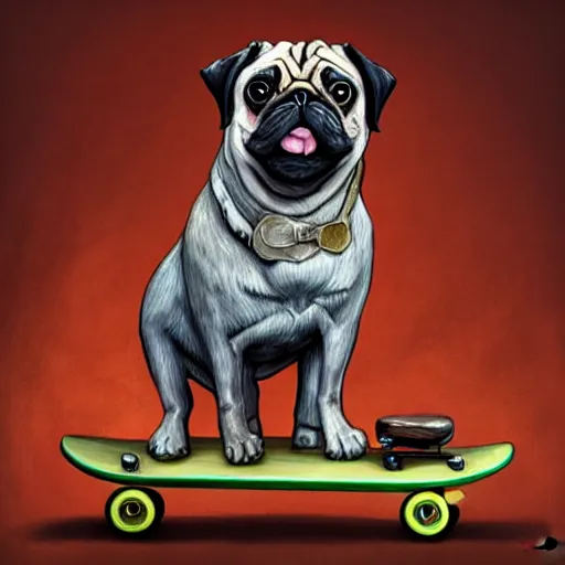 Prompt: a pug dog sitting on top of a skateboard, a digital painting by jeffrey smith, featured on cg society, digital art, digital painting, sketchfab, digital illustration