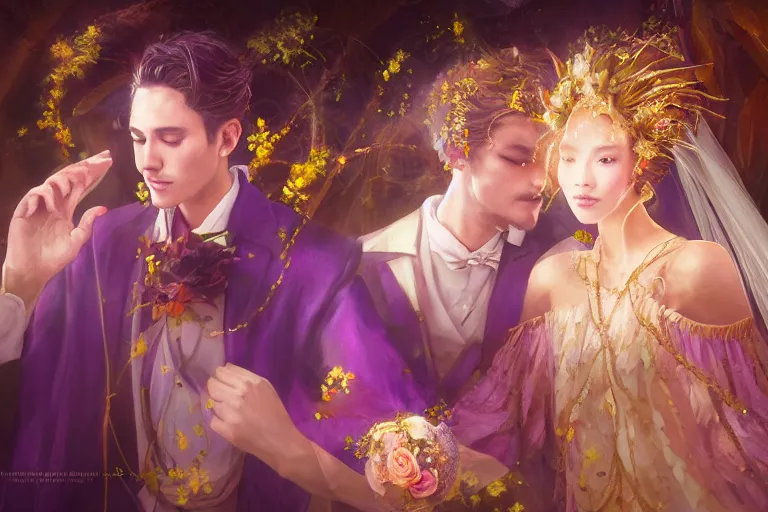 Image similar to a dreamlike cinematic portrait of wedding photograph close up moment of a divine a russia sun god and moon goddess lovers magician at a wedding banquet. portraiture. digital painting. artstation. concept art. fantasy wedding photo. digital painting, 8 k realistic, hyper detailed, violet evergarden art masterpiece by art by krenz cushart