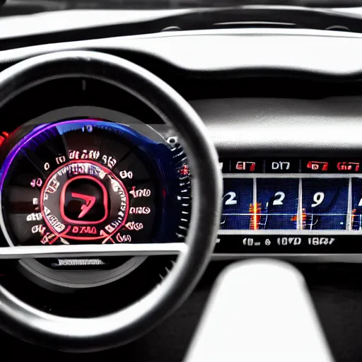 Prompt: photograph of a dashboard with very high rpm, sports car, reflections